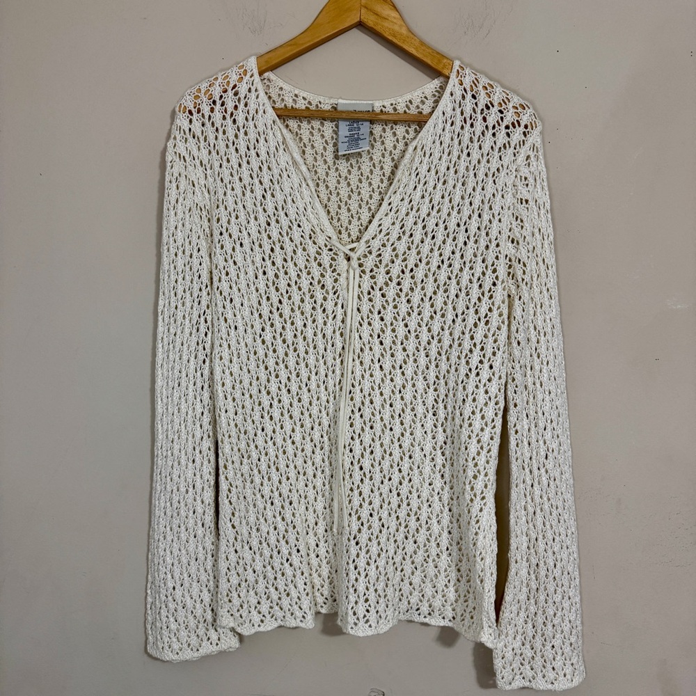 VTG Cotton Blend Crochet Sweater Cream Laced V-Neck Flare Cuff size L Boho Beach